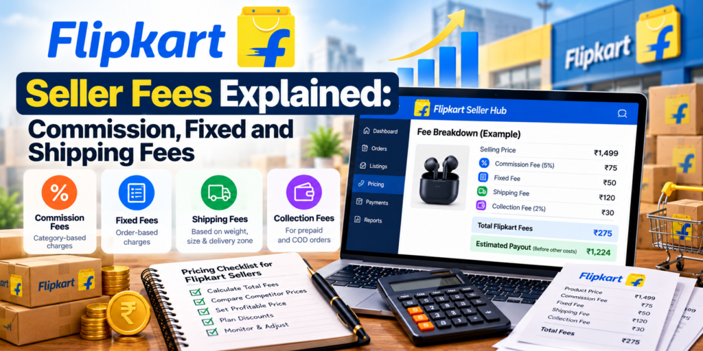 Flipkart seller fees guide explaining commission, fixed fees, shipping charges, collection fees, and seller profit calculations.