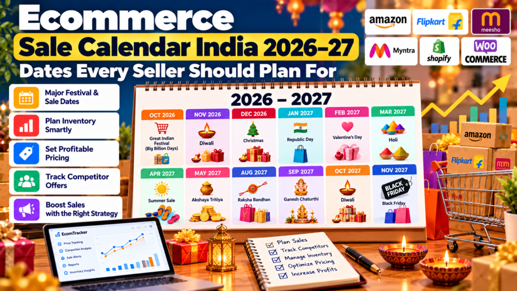 Ecommerce sale calendar India 2026–27 showing major festival shopping periods, Diwali, Republic Day, Holi, Raksha Bandhan, Black Friday, Christmas, and ecommerce sales planning for online sellers.