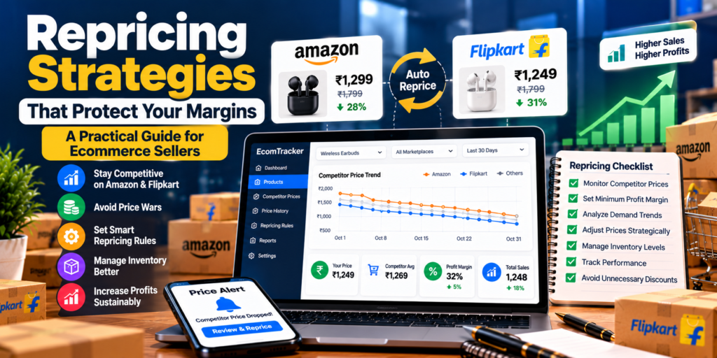 Ecommerce repricing strategy dashboard comparing competitor prices, price floors, and profit margins