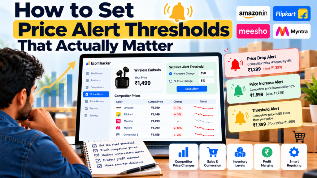 Ecommerce price alert threshold dashboard showing competitor price changes and pricing notifications