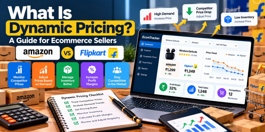 Dynamic pricing ecommerce guide showing competitor price comparisons, pricing charts, and profit margin analysis for online sellers