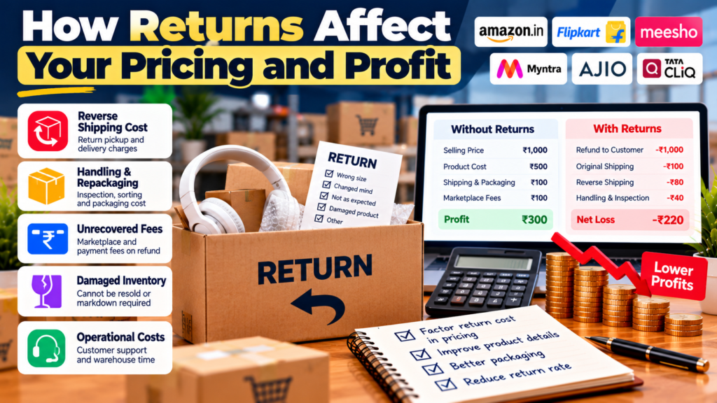Ecommerce returns cost infographic showing reverse shipping, handling fees, damaged inventory, refunds, and their impact on profit margins