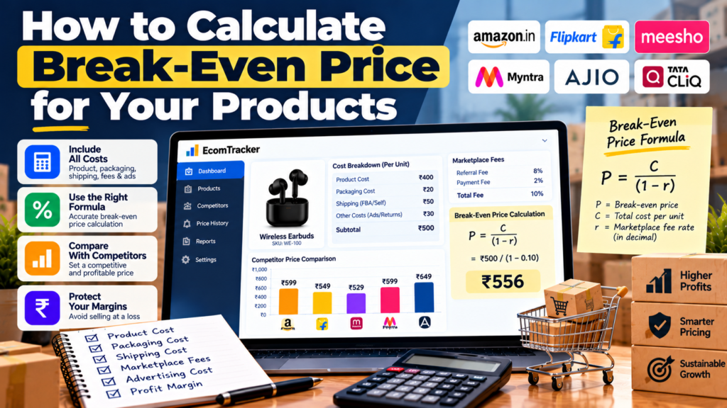 even price calculation for ecommerce products showing product costs, marketplace fees, competitor prices, and profit margins.