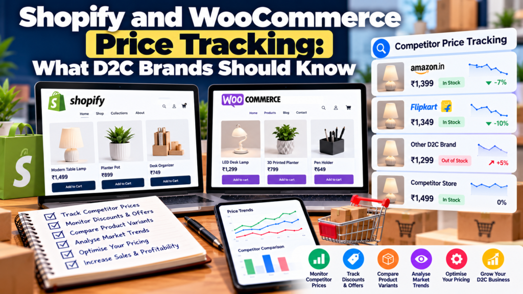 Shopify and WooCommerce competitor price tracking infographic showing D2C online stores, competitor price comparisons, discount monitoring, product availability, price trend charts, and pricing optimisation strategies.