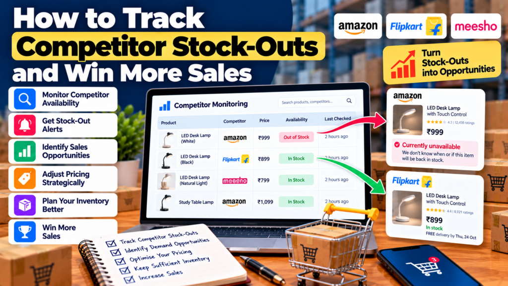 Ecommerce competitor stock-out tracking infographic showing Amazon, Flipkart, and Meesho product availability, stock-out alerts, competitor price comparisons, inventory planning, and sales opportunities.