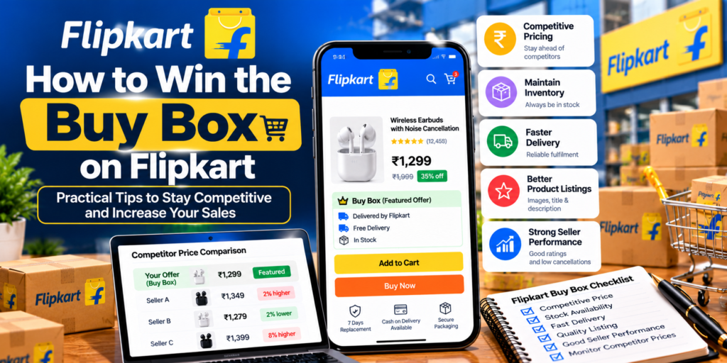 Flipkart Buy Box guide showing product price comparison, competitor tracking, seller performance, inventory, and e-commerce analytics.