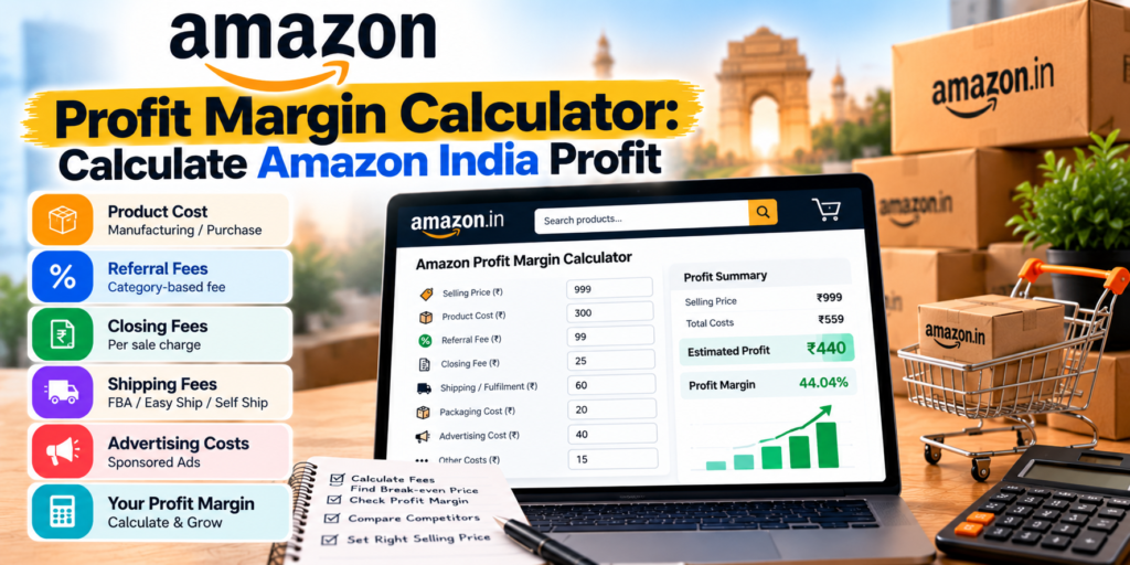 Amazon profit margin calculator showing product costs, Amazon selling fees, revenue, and estimated profit