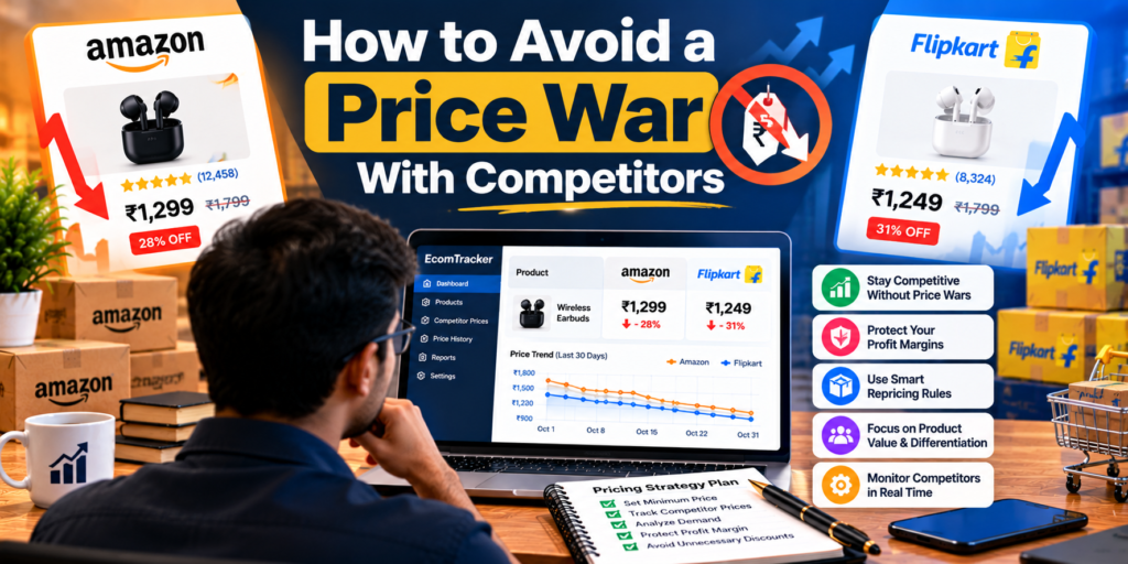 Ecommerce seller avoiding a price war with competitor price charts, pricing rules, and profit margin dashboard