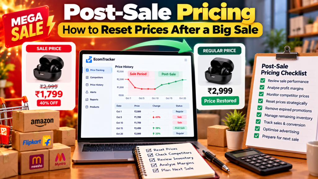 Post-sale pricing infographic showing ecommerce sale price restoration, competitor price tracking, profit margin analysis, price history dashboard, and a checklist for resetting product prices after a major sale on Amazon, Flipkart, Meesho, and Myntra.