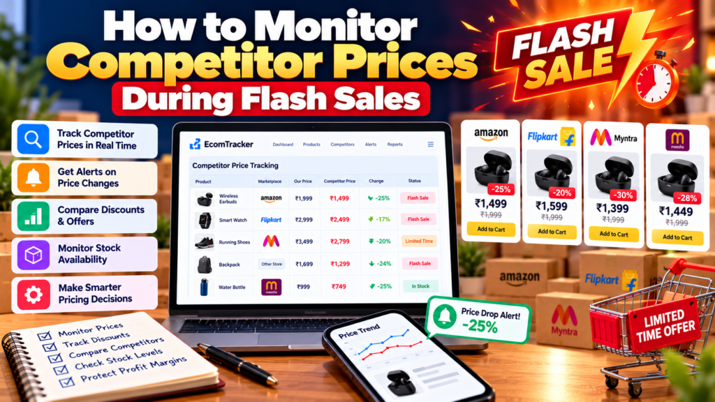 Flash sale price monitoring infographic showing competitor price comparisons, discount tracking, price drop alerts, stock availability, and ecommerce pricing dashboards for Amazon, Flipkart, Myntra, and Meesho sellers.