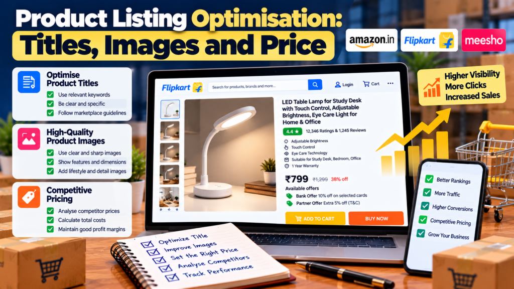 Product listing optimisation infographic showing how to improve ecommerce product titles, images, and pricing for better visibility, more clicks, higher conversions, and increased sales on Amazon, Flipkart, and Meesho.