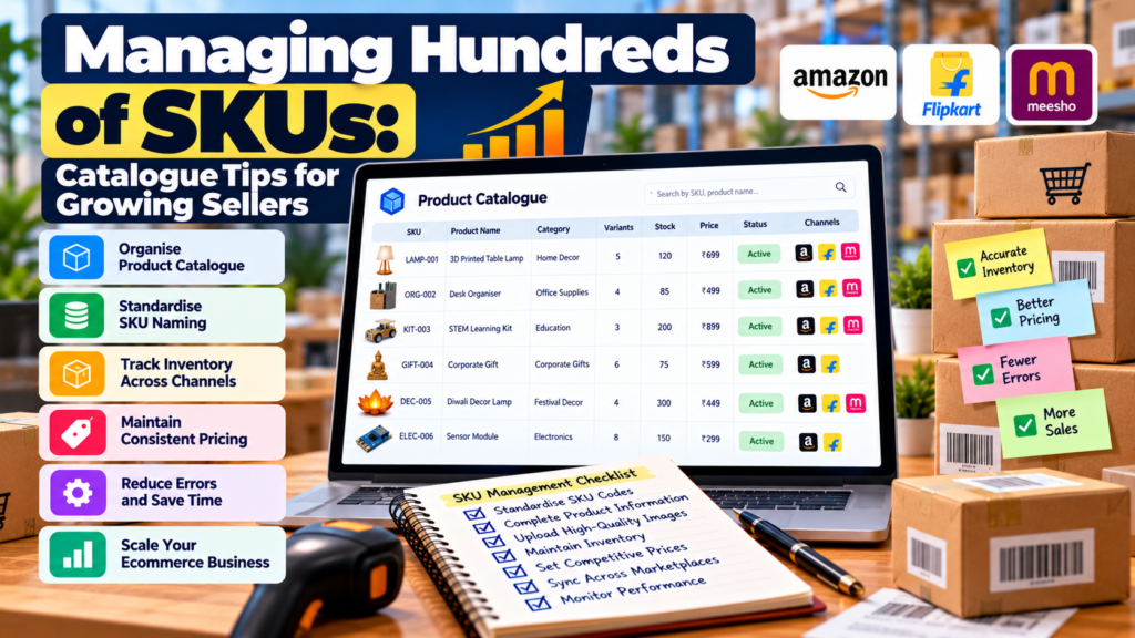 Ecommerce SKU management infographic showing a product catalogue dashboard, SKU naming, inventory tracking, pricing consistency, and marketplace management for Amazon, Flipkart, and Meesho sellers.